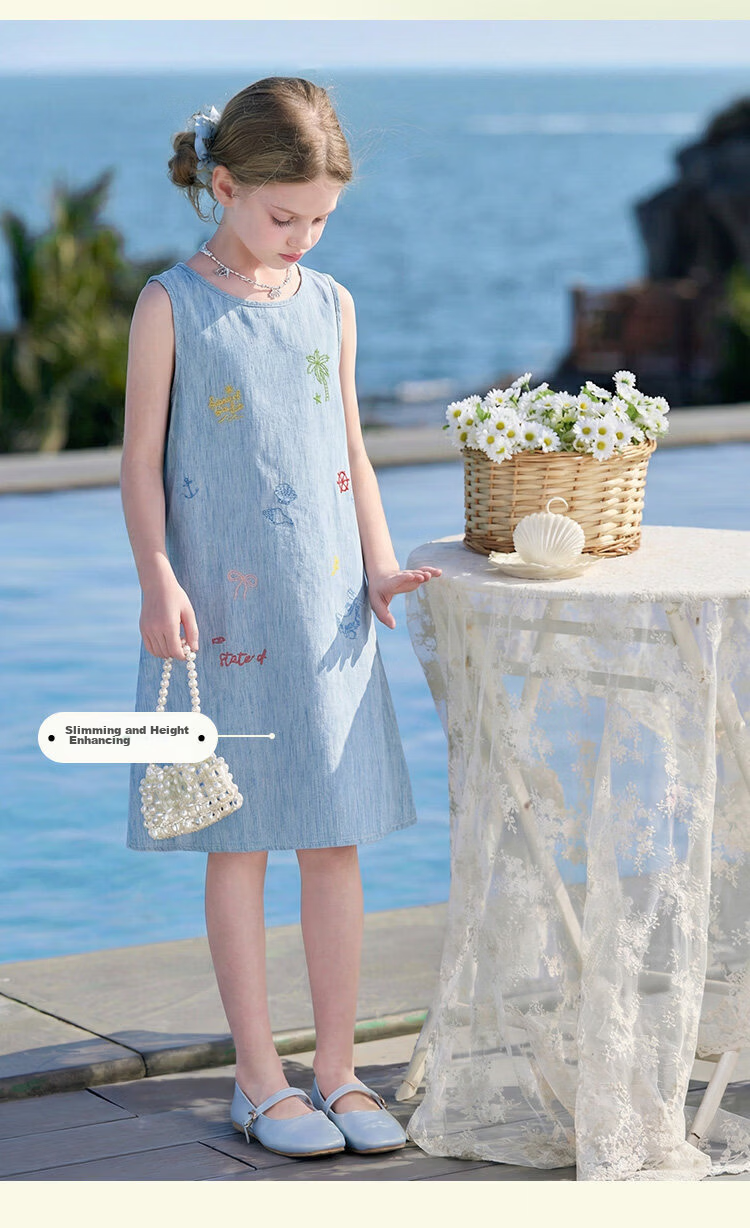 CHANZUIGOU Girls' Tencel Linen Denim Dress 2026 Summer New Elegant Printed Sleeveless Dress 8